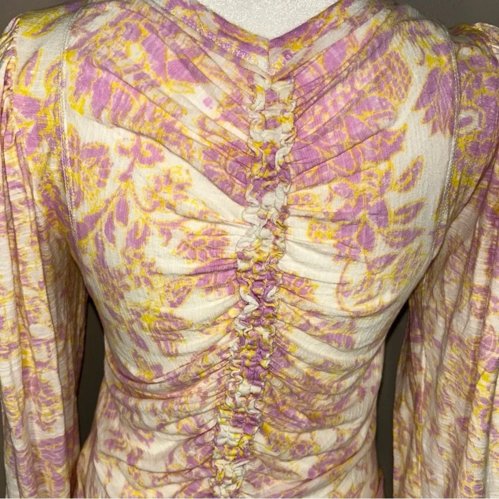 Free people purple/pink floral crunched front & back ruffle sleeve v neck blouse - Picture 5 of 6